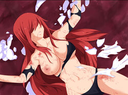 almost_naked beaten breasts breasts_out closed_eyes defeat defeated erza_scarlet exposed_breasts fairy_tail filter hair_covering_eyes injury nipple nude_filter on_ground one_breast_out pussy red_hair torn_clothes unconscious very_long_hair wound wounded