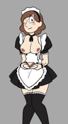 areolae blush breasts breasts_out brown_hair dark_nipples exposed_breasts food hilda_(series) johanna_(hilda) kezzdaddy kezzdawg looking_at_viewer maid maid_headdress maid_outfit maid_uniform sandwich socks thigh_bulge thighhighs zettai_ryouiki