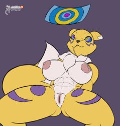 2020 arashidrgn big_breasts black_sclera breasts canid canine digimon digimon_(species) female fur furry furry_only genitals hi_res hypnosis mammal mind_control nude pussy renamon solo tail tuft white_body white_fur yellow_body yellow_fur