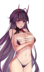 areolae_peeking big_breasts bikini honkai_impact honkai_impact_3rd horns long_hair looking_at_viewer micro_bikini purple_eyes purple_hair raiden_mei raiden_mei_(herrscher_of_thunder) thighs white_background