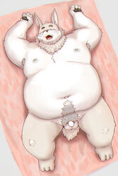 2020 anthro balls belly closed_eyes genitals hi_res kemono kiyo lagomorph leporid lying male mammal moobs navel nipples obese overweight overweight_male penis rabbit small_penis solo