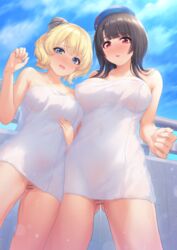 2girls bangs bar_censor bare_arms bare_shoulders beret black_hair black_headwear blonde_hair blue_eyes blue_headwear blue_sky blunt_bangs blush braid breasts censored collarbone colorado_(kantai_collection) day eyebrows_visible_through_hair from_below hat kantai_collection large_breasts long_hair looking_at_viewer looking_down makamati medium_breasts mini_hat multiple_girls naked_towel nipples nose_blush open_mouth outdoors parted_lips pussy pussy_juice red_eyes see-through short_hair sky takao_(kantai_collection) towel