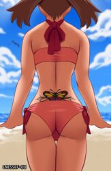 1girls ass bandage beach bikini blue_eyes brown_hair butt clouds enessef-uu female hips human may_(pokemon) medium_hair nintendo pokemon pokemon_(movie) pokemon_ranger_and_the_temple_of_the_sea pokemon_rse skinny sky tattoo teenager text thighs thong tramp_stamp watermark