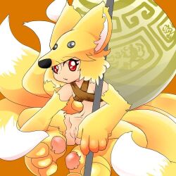 female fox fox_girl hanageruge moonlight_flower parted_lips pawpads pussy ragnarok_online red_eyes sitting small_breasts solo staff tan_fur whiskers