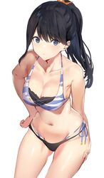 bikini black_hair blue_eyes breasts clavicle cleavage female gluteal_fold hand_on_hip large_breasts long_hair looking_at_viewer navel ponytail simple_background sola_(solo0730) solo ssss.gridman stomach swimsuit takarada_rikka tied_hair white_background