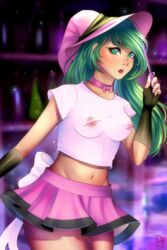 bambudess bow bow_choker exposed_nipples green_eyes green_hair magicalmysticva mystic pink_skirt ripping_clothing wand witch witch_hat