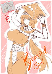 1girls 2020 armpits arms_up arrow artist_name bare_shoulders belt breasts character_name cigar_cat clothed clothing dress egyptian egyptian_clothes eyebrows_visible_through_hair female female_only hairband highres hime_cut holding_object huge_breasts jewelry lips long_hair looking_at_viewer low-tied_long_hair nipple_bulge open_mouth original personification pink_background pyramid signature sleeveless sleeveless_dress solo standing text thai_text tied_hair tongue very_long_hair wristband yellow_eyes