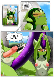 absurd_res animal_genitalia anthro areola balls belly big_breasts black_nose black_outline blue_eyes blush bodily_fluids breasts butt canid canine canis claws clothing cloud colored comic cum digital_media_(artwork) dripping english_text erect_nipples erection eyebrows eyelashes fingers fox fur genital_fluids genitals grass green_body green_fur green_hair grinding gynomorph hair heart_symbol herm hi_res holt_(spoogiehowl) humanoid_genitalia humanoid_penis intersex long_hair mammal navel nipples nude onomatopoeia open_mouth oral orgasm outline outside patreon pawpads paws penis pink_areola pink_nipples plant precum precum_drip presenting profanity pubes raised_eyebrow rock saliva shaded sheath shy sitting sky smoke solo sound_effects spoogiehowl spread_legs spreading steam sucking sweat sweatdrop tail teeth text thick_thighs thought_bubble tongue tongue_out tree