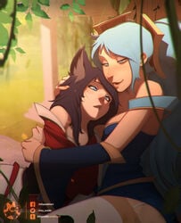 2d 2girls ahri black_hair blue_clothing blue_eyes blue_hair blue_nails blush breast_press breasts clothed clothing eyeshadow face_markings fox_ears fox_girl grey_fur hug kittypuddin league_of_legends light-skinned_female light_skin long_hair pink_lips pink_nails red_clothing riot_games sillygirl sinner smile sona_buvelle white_skin yuri