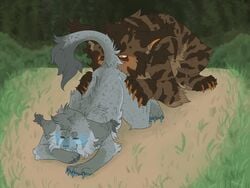 2boys 4:3 anal anal_penetration ashfur_(warriors) big_dom_small_sub blue_blush blush bramblestar_(warriors) brown_body brown_fur claws digital_media_(artwork) domestic_cat duo eating_ass felid feline felis feral feral_on_feral fur grass grey_body grey_fur larger_male male male/male male_on_male male_only mammal nude oral outside rimming sex size_difference sleepy.hologram smaller_male tongue tongue_out warriors_(cats)