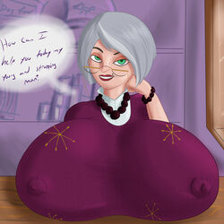 1girls anna_twombly beauty_mark bracelet dialogue english_text erect_nipples female gilf glasses green_eyes huge_breasts lidded_eyes littlest_pet_shop necklace smile solo speech_bubble sweater text white_hair