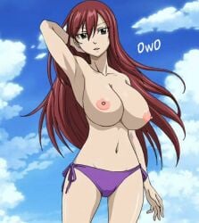 1girls beach big_breasts bikini breasts edit erza_scarlet fairy_tail hiro_mashima jpeg_artifacts long_hair looking_at_viewer nipples panties pose red_hair screencap smile solo topless