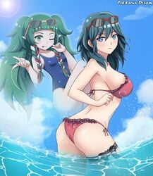 2girls alternate_costume big_breasts blue_eyes blue_hair blue_swimsuit byleth_(fire_emblem) byleth_(fire_emblem)_(female) female female_only fire_emblem fire_emblem:_three_houses goddess green_hair long_hair multiple_girls nabatean_(fire_emblem) nintendo one-piece_swimsuit patdarux red_bikini red_swimsuit solo_focus sothis_(fire_emblem)