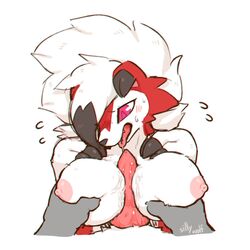 1:1 animal_genitalia animal_penis blush bodily_fluids breasts breath canine_penis drooling female fur genital_fluids genitals groping_breasts hi_res lycanroc male midnight_lycanroc nintendo nipples paizuri panting penis pokémon_(species) pokemon precum red_body red_eyes red_fur saliva saliva_on_penis saliva_string sex straight sweat titjob tongue tongue_out video_games white_body white_fur wolfwithwing