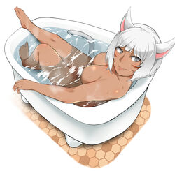 animal_ears bakkanki bathing bathtub breasts cat_tail claw_foot_bathtub commission dark-skinned_female dark_skin eyebrows_visible_through_hair facial_mark female female final_fantasy final_fantasy_xiv grey_eyes high_resolution looking_at_viewer looking_away looking_back medium_breasts miqo'te nekomimi nude partially_submerged simple_background smile solo tail tile_floor tiles water whisker_markings white_background white_hair y'shtola