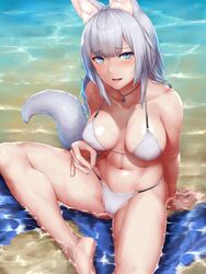 :d animal_ears bangs bare_arms bare_legs bare_shoulders barefoot bikini blue_eyes blunt_bangs blush breasts clavicle cleavage day feet female fox_tail high_resolution jewelry kageshio_(276006) kitsunemimi large_breasts legs looking_at_viewer looking_up nail_polish navel necklace ocean open_mouth original purple_nails sekka_(kageshio) shiny shiny_skin silver_hair sitting smile solo spread_legs stomach swimsuit tail viewed_from_above water wet white_bikini white_swimsuit