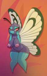 5_fingers abstract_background antennae_(anatomy) anthro arthropod breasts butterfree clothing female fingers genitals gloves handwear hi_res iguanasarecool insects legwear nintendo nipples pink_eyes pokémon_(species) pokemon purple_body pussy stockings thick_thighs video_games wide_hips wings