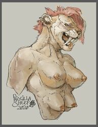 absurd_res anthro border breasts ear_piercing ear_ring felid feline female grey_border hi_res machairodontine mammal multi_breast nipples nude open_mouth piercing priscillasheep quad_breasts solo tongue tongue_out