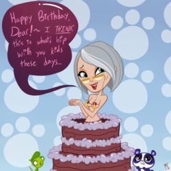 2015 anna_twombly beauty_mark bikini birthday_cake dustindemon gilf glasses green_eyes green_hair human littlest_pet_shop penny_ling vinnie_terrio white_hair