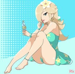 1girls alternate_costume ankle_bracelets barefoot blonde_hair blue_eyes blue_swimsuit feet female hair_over_one_eye lipstick looking_at_viewer mario_(series) mario_kart mario_kart_tour nail_polish nintendo painted_nails pink_nails princess_rosalina r3dfive sitting solo solo_female swimsuit toes