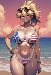 1girls 4th_of_july ai_generated american_flag_bikini aurora_(cocky69) bare_arms bare_legs bare_shoulders bare_thighs beach big_breasts bikini bikini_bottom bikini_top blonde_hair clothed clothing cocky69 color female female_focus female_only hi_res large_breasts light-skinned_female light_skin long_hair looking_at_viewer sand sea slim_waist solo solo_female sunglasses thick_thighs water
