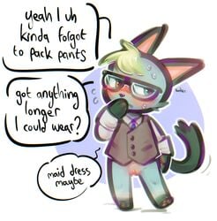 andromorph animal_crossing anthro blush bottomless clothed clothing cuntboy embarrassed english_text eyewear genitals glasses hi_res intersex nintendo panken partially_clothed pussy raymond_(animal_crossing) solo text trans_man transmasc video_games