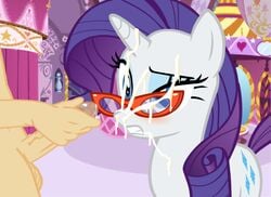 accurate_art_style blue_eyes cum cum_on_face cum_on_glasses duo equine eyewear facial friendship_is_magic furry glasses horn human_on_feral kajio male_on_feral my_little_pony pony purple_hair rarity_(mlp) tail unicorn white_body zoophilia