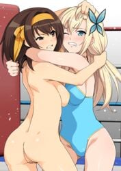 2girls angry ass bare_shoulders blonde_hair boku_wa_tomodachi_ga_sukunai bottomless boxing_ring brown_eyes brown_hair butterfly_hair_ornament catfight clothed clothed_female clothed_female_nude_female female fight hair_pull hairband haruhisky kashiwazaki_sena multiple_girls nude nude_female one-piece_swimsuit sena_kashiwazaki sexfight sideboob suzumiya_haruhi suzumiya_haruhi_no_yuuutsu topless