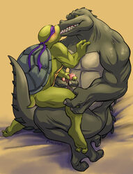 2_toes 3_fingers alligator alligatorid anthro ass blush bodily_fluids crocodilian donatello duo erection fingers frottage genital_fluids genitals green_tail hand_on_penis kissing larger_male leatherhead looking_at_another male male/male on_lap penis penis_grab plastron precum reptile scalie sex sharp_teeth shell size_difference smaller_male teenage_mutant_ninja_turtles teeth toes tongue turtle turtle_shell