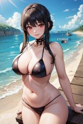 1girls ai_generated beach big_breasts bikini black_bikini black_hair blush choker eternoai female female_only nai_diffusion ocean red_eyes solo spy_x_family stable_diffusion tagme thick_thighs white_skin yor_briar