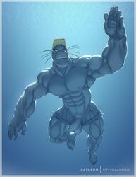 abs armpit_hair balls beard big_penis biped body_hair clothing eyewear facial_hair flaccid genitals goggles goggles_on_head half-erect hi_res humanoid_genitalia humanoid_penis male male_only mammal marine muscular muscular_male my_hero_academia nipples pecs penis pinniped retracted_foreskin ripped-saurian sea seal selkie_(my_hero_academia) solo solo_male swimming swimming_trunks swimwear thick_thighs uncut underwater underwear water whiskers