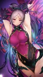 1girls armpits arms_up bare_thighs big_breasts breasts edit fairy_wings female fire_emblem fire_emblem_heroes grey_hair long_hair nyc parted_lips plant plumeria_(fire_emblem) pointy_ears ponytail red_eyes rotated sleeveless solo thighs vines wings