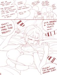 1girls 4boys big_breasts blush breast_squeeze breasts censored drooling drunk ekz english_text faceless faceless_male favorite female highres huge_breasts large_breasts lying male monochrome multiple_penises on_back original paizuri penis rape short_hair sleep_molestation sleeping speech_bubble straddling_paizuri straight strapless tank_top_lift tomboy tubetop unconscious undersized_clothes