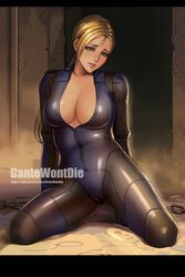 1girls alternate_version_available big_breasts blonde_hair blue_eyes bodysuit capcom cleavage dantewontdie female female_only jill_valentine jill_valentine_(blonde) jill_valentine_(julia_voth) long_hair mature_female resident_evil resident_evil_5 solo solo_female solo_focus unzipped