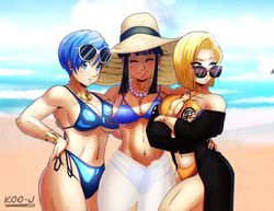 3girls android_18 beach big_breasts bikini black_hair blonde_hair blue_eyes blue_hair blue_sky breasts bulma_briefs chichi clouds dragon_ball dragon_ball_super dragon_ball_xenoverse dragon_ball_z hat kooj_artz large_breasts laserclaw7 looking_over_eyewear looking_over_glasses milf mother ocean sea sun_hat sunglasses swimsuit tagme tinted_eyewear trendy_bikini