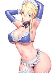 ahoge apron armpits arms_up artoria_pendragon artoria_pendragon_(lancer) bikini blonde_hair blue_bikini blue_gloves breasts elbow_gloves fate/grand_order fate_(series) female female gloves green_eyes high_resolution kageshio_(276006) large_breasts long_hair looking_at_viewer maid_bikini maid_headdress mature milf navel shiny shiny_skin simple_background solo standing swimsuit thighhighs white_background wide_hips