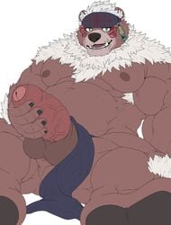 1boy 2020 anthro balls belly black_nose brown_body brown_fur erection fur genitals hi_res humanoid_genitalia humanoid_penis kemono kimun_kamui_(tokyo_afterschool_summoners) m0000rgn male male_only mammal moobs musclegut nipples overweight overweight_anthro overweight_male penis simple_background sitting solo tokyo_afterschool_summoners ursid video_games white_background