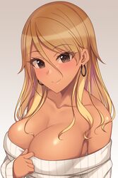 1girls bare_shoulders big_breasts blonde_hair blush breasts brown_eyes cleavage closed_mouth collar collarbone dark_skin earrings eyebrows_visible_through_hair female_only grey_background gyaru hair_between_eyes highres hiiragi_hajime hoop_earrings idolmaster idolmaster_shiny_colors izumi_mei jewelry kogal kuro_gyaru large_breasts long_hair long_sleeves looking_at_viewer off-shoulder_sweater off_shoulder one_eye_closed simple_background sleeves_past_wrists smile solo sweater upper_body white_sweater