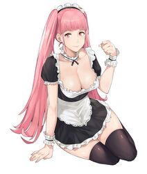 1girls apron bangs black_legwear blunt_bangs breasts cleavage dress female fire_emblem fire_emblem:_three_houses hilda_valentine_goneril j@ck large_breasts long_hair looking_at_viewer maid maid_headdress maid_uniform pink_eyes pink_hair simple_background smile solo thick_thighs thighhighs twintails white_background zettai_ryouiki