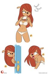 1girls anthro blush bra bra_strap breasts brown_hair canine cleavage disney door ducktales ducktales_(2017) fauxanne female female_focus food furboz hair_over_one_eye imminent_sex interrupted job_applicant_(ducktales) knocking lingerie panties sandwich white_background