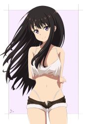 1girls absurd_res black_hair booty_shorts breasts cleavage g-string hi_res inoue_takina long_hair looking_at_viewer lycoris_recoil minishorts panty_straps purple_eyes skimpy skimpy_clothes smile solo standing tattered_clothing thong thundradrawings