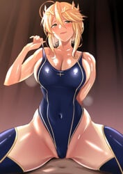 1boy ahoge artoria_pendragon artoria_pendragon_(lancer) bangs bare_shoulders blonde_hair blue_legwear blue_swimsuit blush breasts bursting_breasts clavicle cleavage competition_swimsuit covered_navel cowboy_shot cowgirl_position crown curvaceous eyebrows_visible_through_hair fate/grand_order fate_(series) female green_eyes hair_between_eyes heavy_breathing high_resolution highleg highleg_swimsuit hourglass_figure huge_breasts imminent_sex large_breasts looking_at_viewer male mound_of_venus naughty_face one-piece_swimsuit open_mouth shiny shiny_hair shiny_skin sideboob sidelocks sitting sitting_on_person skindentation slender_waist smile solo_focus spread_legs steam straight strap_pull swept_bangs swimsuit thick_thighs thighhighs thighs ulrich_(tagaragakuin) very_high_resolution wide_hips