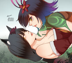 2girls ahri big_breasts black_hair blush breasts clothed clothing eyeshadow flower fox fox_ears fox_girl green_sclera league_of_legends long_hair neeko pink_lips pink_lipstick purple_hair riot_games rude ruderuin short_hair tattoo white_skin wholesome yellow_eyes yuri