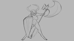 16:9 2020 anthro axe battle_axe big_breasts big_horns bovid bovine breasts cattle fantasy_axe fantasy_weapon female fur genitals grey_background hair hair_over_eye hair_over_eyes horn large_axe large_horn large_weapon mammal melee_weapon monochrome muscular nipples nude one_eye_obstructed pointed_horn pussy shield simple_background solo standing teats udders watsup weapon widescreen