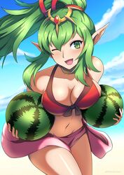 ;d beach bikini blue_sky blush breasts choker circlet cleavage cloud collarbone cowboy_shot female fire_emblem fire_emblem_awakening fire_emblem_heroes food front-tie_bikini front-tie_top fruit green_eyes green_hair hair_ornament high_ponytail holding holding_fruit large_breasts long_hair looking_at_viewer manakete midriff navel one_eye_closed open_mouth outdoors outside phiphi-au-thon pointy_ears ponytail red_bikini red_swimsuit shiny shiny_hair sidelocks sky smile solo swimsuit tiara tiki_(adult)_(fire_emblem) tiki_(adult)_(summer)_(fire_emblem) tiki_(fire_emblem) two-tone_bikini two_tone_bikini watermelon wink winking winking_at_viewer