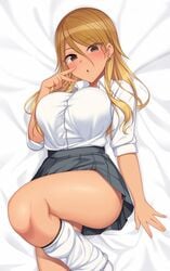 1girls ass big_breasts blonde_hair blush breasts brown_eyes curvy dark_skin earrings eyebrows_visible_through_hair female_only gyaru hair_between_eyes highres hiiragi_hajime idolmaster idolmaster_shiny_colors izumi_mei jewelry kogal large_breasts long_hair looking_at_viewer loose_socks lying on_back open_mouth pleated_skirt school_uniform shirt_tucked_in skirt solo thick_thighs v white_legwear