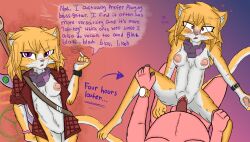 anthro bass_guitar blush breasts casual_nudity clock clothed clothing dialogue digital_drawing_(artwork) digital_media_(artwork) domestic_cat domestic_pig english_text felid feline felis female flannel_shirt genitals guitar hi_res interspecies kerchief kreed_(lerasmel) lerasmel looking_at_viewer male mammal musical_instrument nipples nude partially_clothed plucked_string_instrument sex smoking string_instrument suid suine sus_(pig) text watch whiskers wristband wristwatch