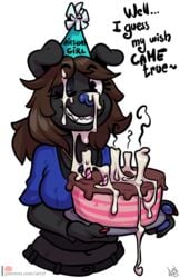 alpha_channel anthro atryl bodily_fluids breasts cake canid canine canis clothing cum cum_on_face domestic_dog english_text female food genital_fluids hair hi_res mammal open_mouth orgasm sherri_mayim solo text