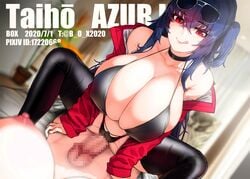 1futa 1girls :q azur_lane bangs bikini black_bikini black_choker black_hair black_legwear blush box20502017 breasts censored character_name choker cleavage clothed_female_nude_futanari collarbone copyright_name crossed_bangs eyewear_on_head faceless_futanari female futanari highleg highleg_bikini highres huge_breasts jacket long_hair looking_at_viewer mosaic_censoring multi-strapped_bikini multiple_straps off_shoulder one_side_up penis pixiv_id race_queen red_eyes red_jacket smile solo_focus spread_legs straight sunglasses swimsuit taihou_(azur_lane) taihou_(enraptured_companion)_(azur_lane) thighhighs tongue tongue_out twitter_username xiangzi_box