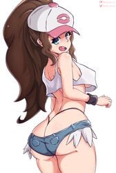 1girls ass ass_cleavage bebatch big_ass blue_eyes breasts brown_hair butt_crack eye_contact female female_protagonist hat hilda_(pokemon) long_hair looking_at_viewer looking_back minishorts nintendo pale-skinned_female pale_skin pokemon pokemon_bw ponytail shorts thick_ass thick_thighs thighs thong white_background